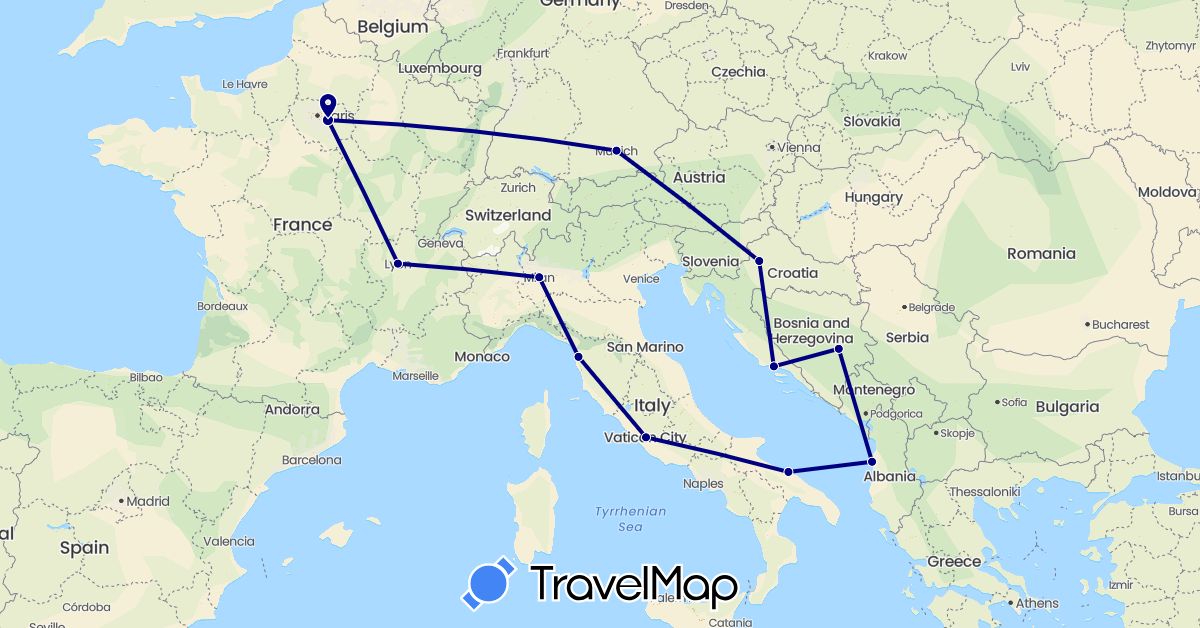 TravelMap itinerary: driving in Albania, Bosnia and Herzegovina, Germany, France, Croatia, Italy (Europe)